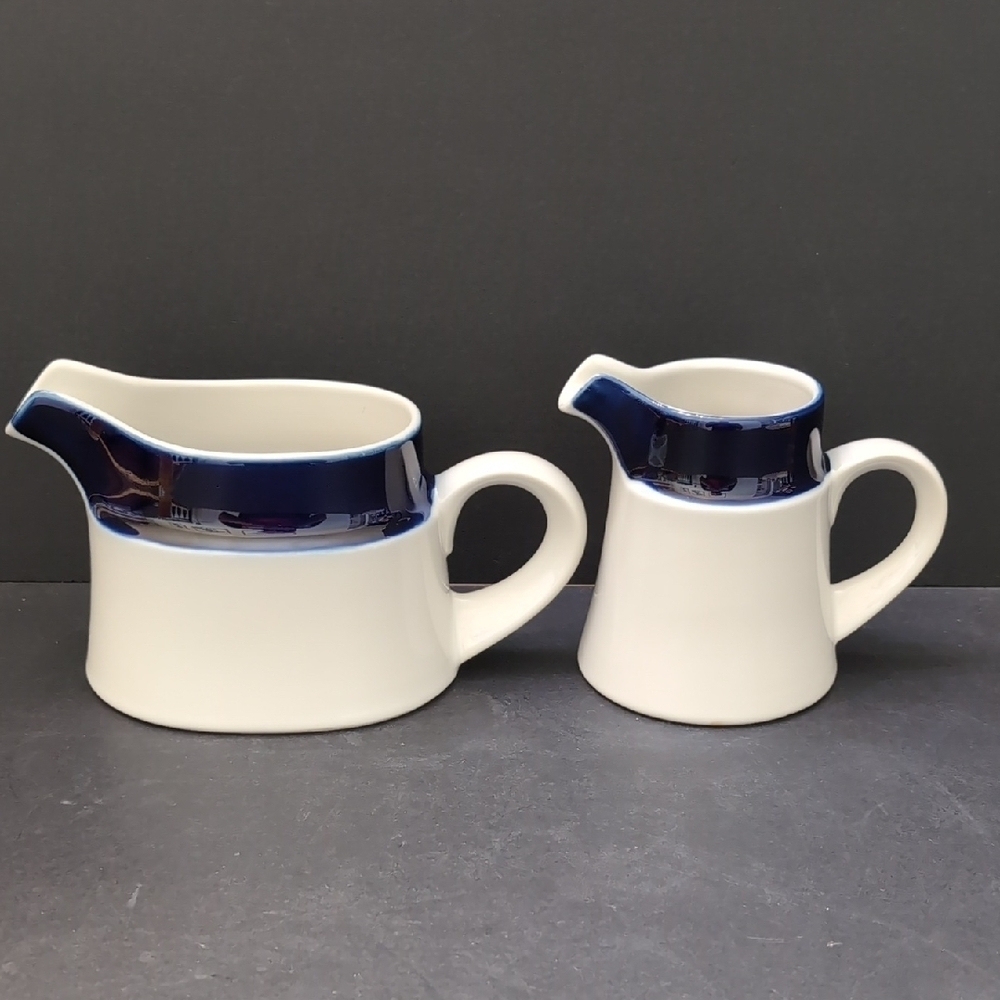 VGT, Japan,Noritake Primastone Set Of 2 Creamer/Gravy Boat, Cobalt Blue/White.